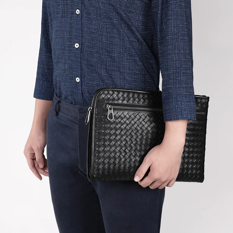 business mens clutch bag 100 genuine leather sheepskin woven luxury brand envelope bag multi function large capacity a4 paper free global shipping