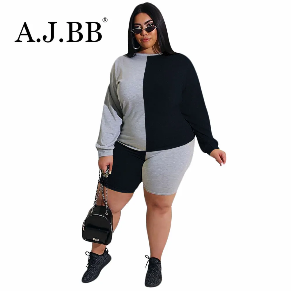 

2020 new fashion stitching casual ladies suit loose O-neck long-sleeved T-shirt and shorts two-piece suit