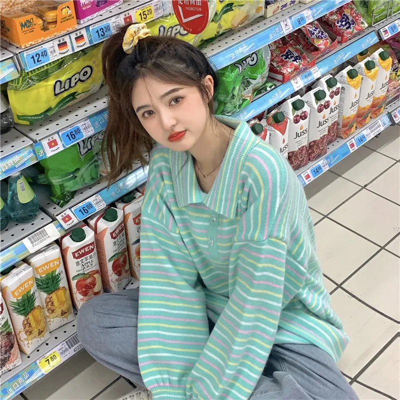 Полосатый свитер женские пуловеры Ulzzang Harajuku шикарный модный милый мягкий теплый