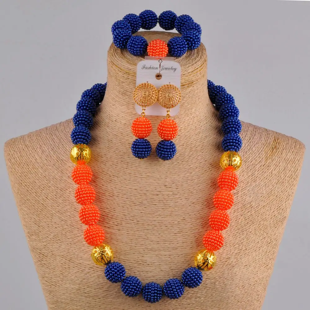 

24 дюйма Королевский синий/оранжевый искусственный жемчуг Африканское ожерелье нигерийские Свадебные бусы ювелирный набор FZZ14