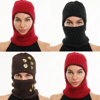 unisex winter knitted beanie hat ski face cover thick plush lined neck warmer gaiter sequins floral rhinestone hooded cap