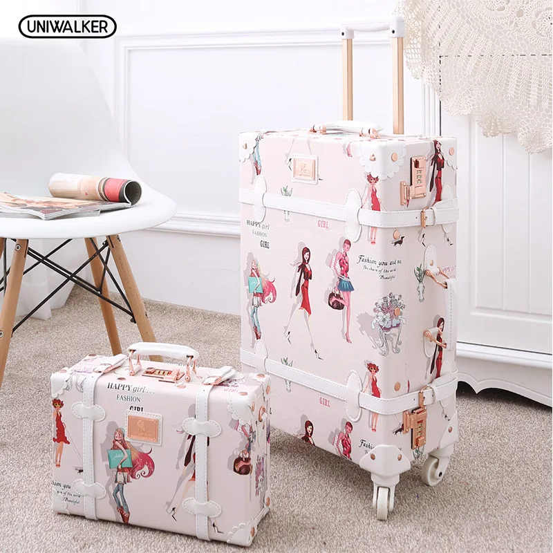 UNIWALKER 2"-26" Мода девушка ретро багаж на колёсиках чемодан из ПУ-кожи багажник Винтаж Valiz Спиннер колеса тележки