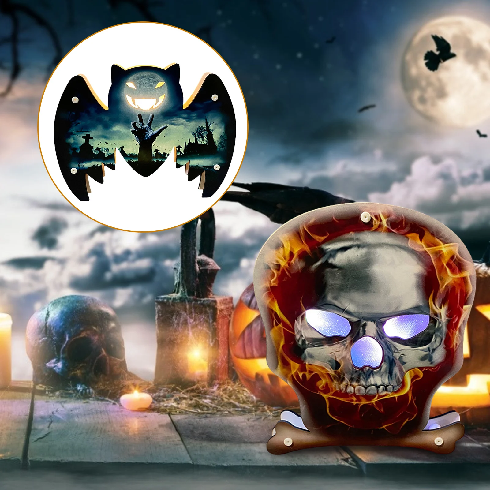 

Halloween Decorations Light up Skull & Bat Wall Mounted Ornaments