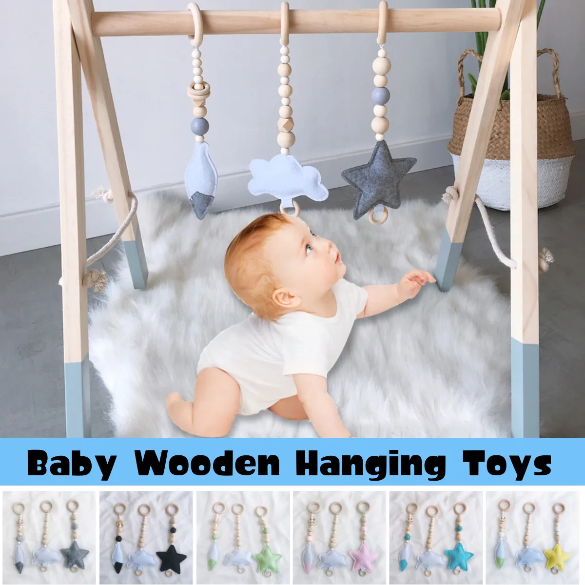 

3PCS/Set Baby Rattle Toys Nordic Style Wooden Rattle Ring Beads Play Toy Stroller Hanging Toys Newborn Infant Activity Gym Gift