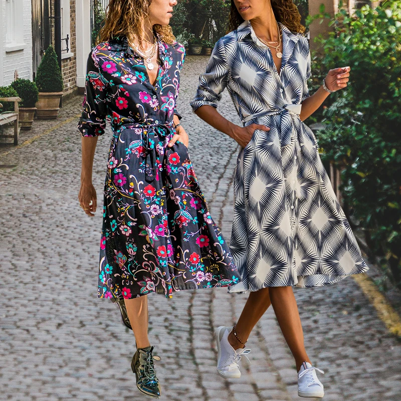 Женское платье рубашка в стиле бохо с цветочным принтом отложным воротником и