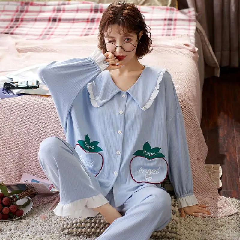 

Women Cute Fashion Sweet Print Lapel Cardigan Long Sleeve Trousers Home Wear Pajamas Set