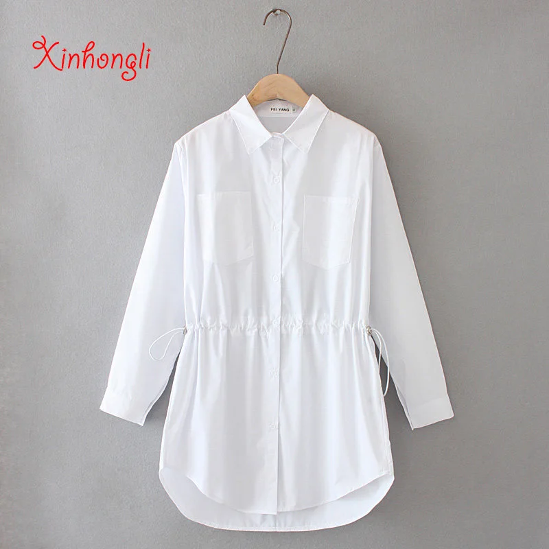 Женская белая блузка с карманами и тонкой талией новинка 2020 весенне осенние