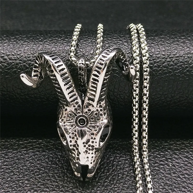 

Gothic Stainless Steel Black Crystal Satan Sheep Head Chain Necklaces Women/Men Silver Color Necklace Jewelry gothique NZZ239S03