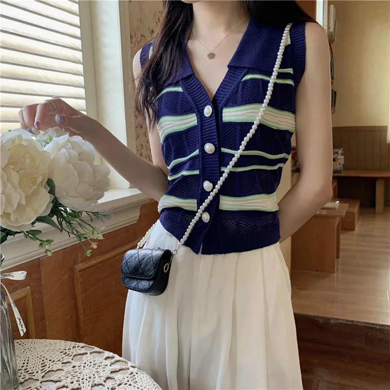 

Женский жилет без рукавов, трикотажный топ с V-образным вырезом и отложным воротником, лето 2021