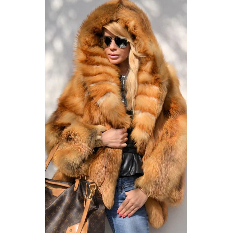 2022 New Genuine Red Fox Fur Coat With Hood Luxury Women Winter Thick Warm Natural Fox Fur Jacket Real Full Pelt Fur Coats Woman