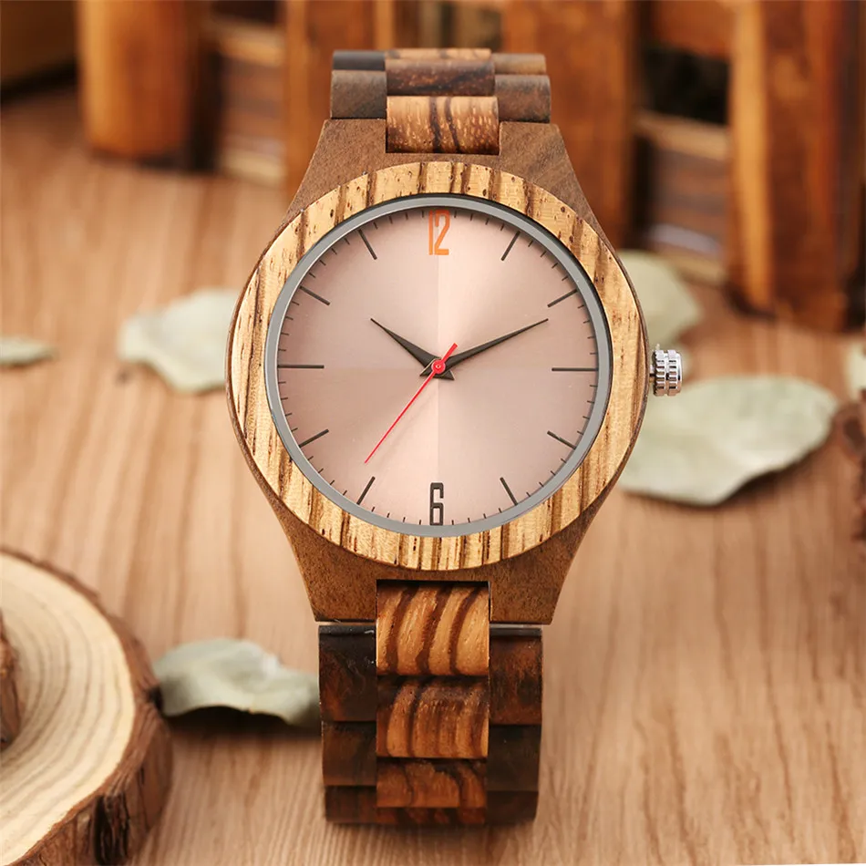 

Ebony Zebrawood Men Watches Quartz Wooden Bangle Wrist Watch Red Seconds Coffee Brown Round Dial Male Natural Wood Timepiece