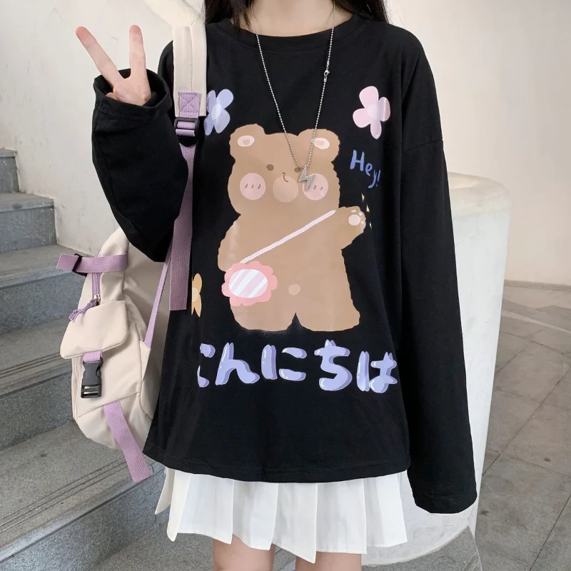

Kawaii Cute Bear Graphic Tee Soft Girl Fashion Harajuku Long Sleeve T-shirts Women 2021 Funny Print Crew Neck Oversize Tops Kpop