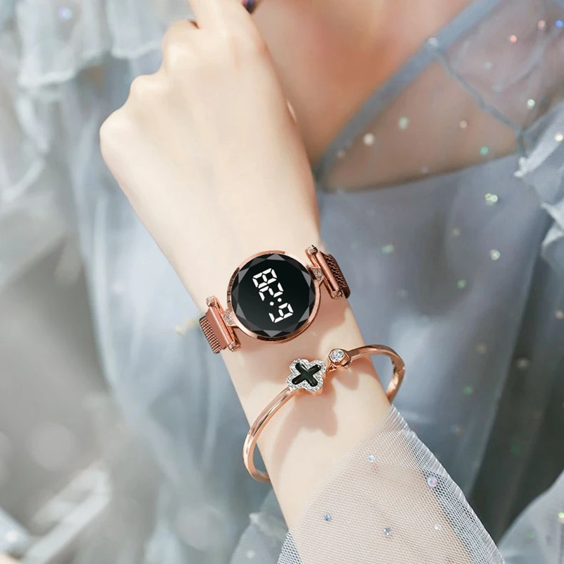 

Часы наручные женские кварцевые, модные магнитные светодиодные цифровые, с браслетом из розового золота, кварцевые, подарок