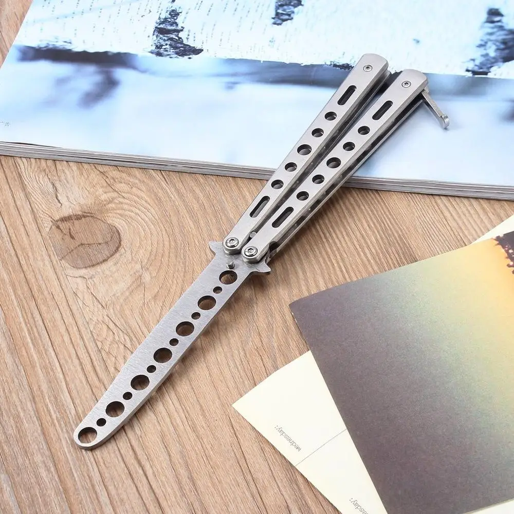 Серебряный металлический тренировочный нож для тренировок с бабочкой тусклый