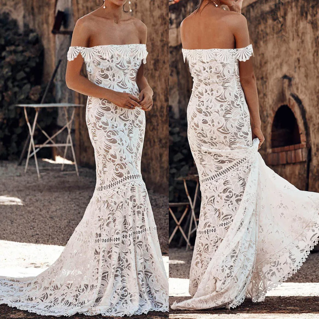 Сексуальное свадебное вечернее платье женское Кружевное белое без бретелек с