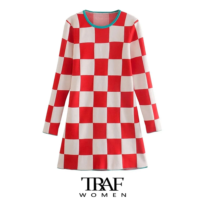 

TRAF Women Fashion Patchwork Check Knitted Mini Dress Vintage O Neck Long Sleeve Female Dresses Vestidos Mujer