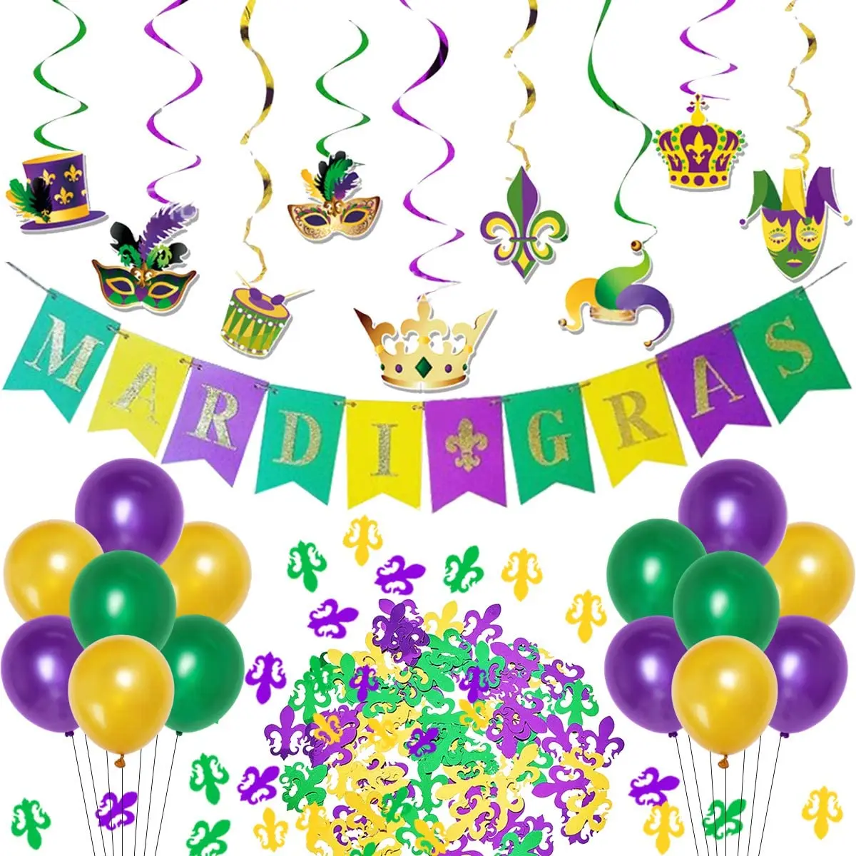 

Mardi Gras Party Decorations Kit Mardi Hanging Swirls Banner Latex Balloons and Confetti for Mardi Gras Party Supplies