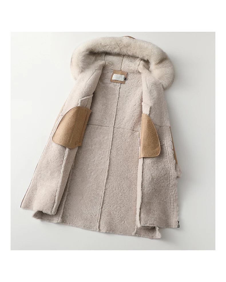 New Arrival Real Sheepskin Lady Coat With Fox Fur Collar With Long Sleeve Zipper Elegent Style Thick Warm Fur