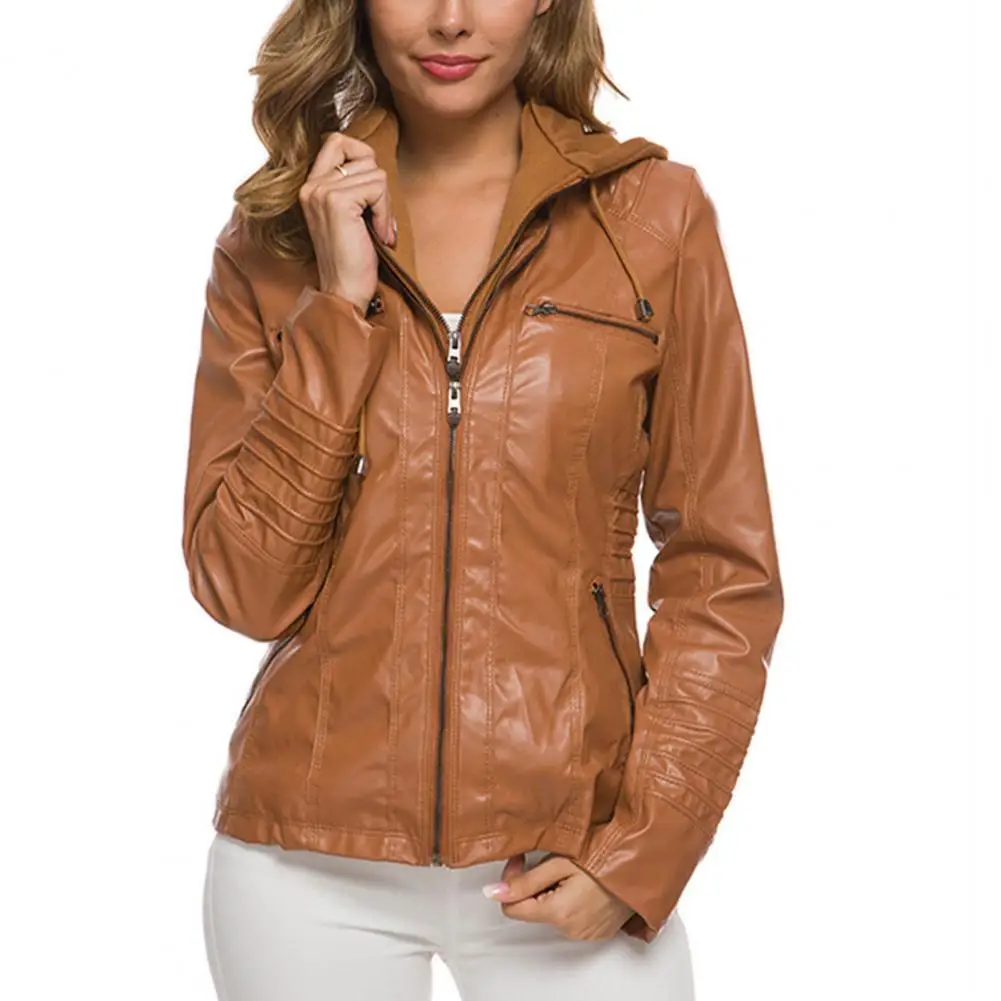 

Women Hooded Jacket Solid Color Double Zippers Detachable Hood Coat Pockets Long Sleeve Stylish Drawstring Coat Streetwear