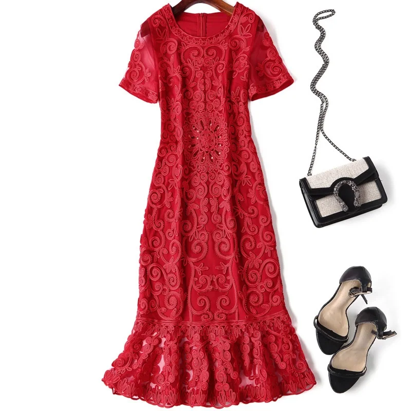 

Vestidos XXXXL Dress 2021 Summer Fashion Party Mermaid Dress High Quality Women O-Neck Allover Exquisite Embroidery Dress Blue