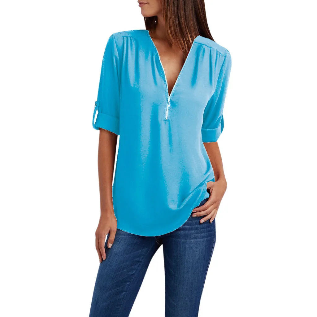 

Zipper Chiffon Shirt Fashion Ladies Top Summer Office Casual Tops V-neck Long Sleeve Shirts Plus Size 5xl Solid Color Blouses