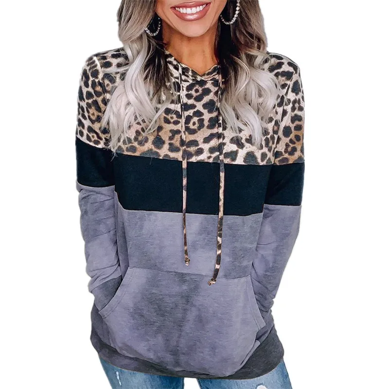 

Womens Leopard Stitching Color Block Sweatshirts Long Sleeve Striped Drawstring Hoodies Pullover S-XXL Tops Fall Pullover Hood