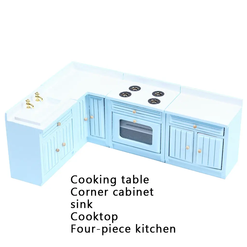 

Wooden 1:12 Scale Dollhouse Miniature Blue Kitchen Furniture BJD Tiny Scene Model Pretend Play Decoration Ornament Accessories