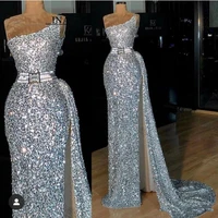 african silver mermaid prom sequined one shoulder backless high side split party dress special occasion dress evening gowns
