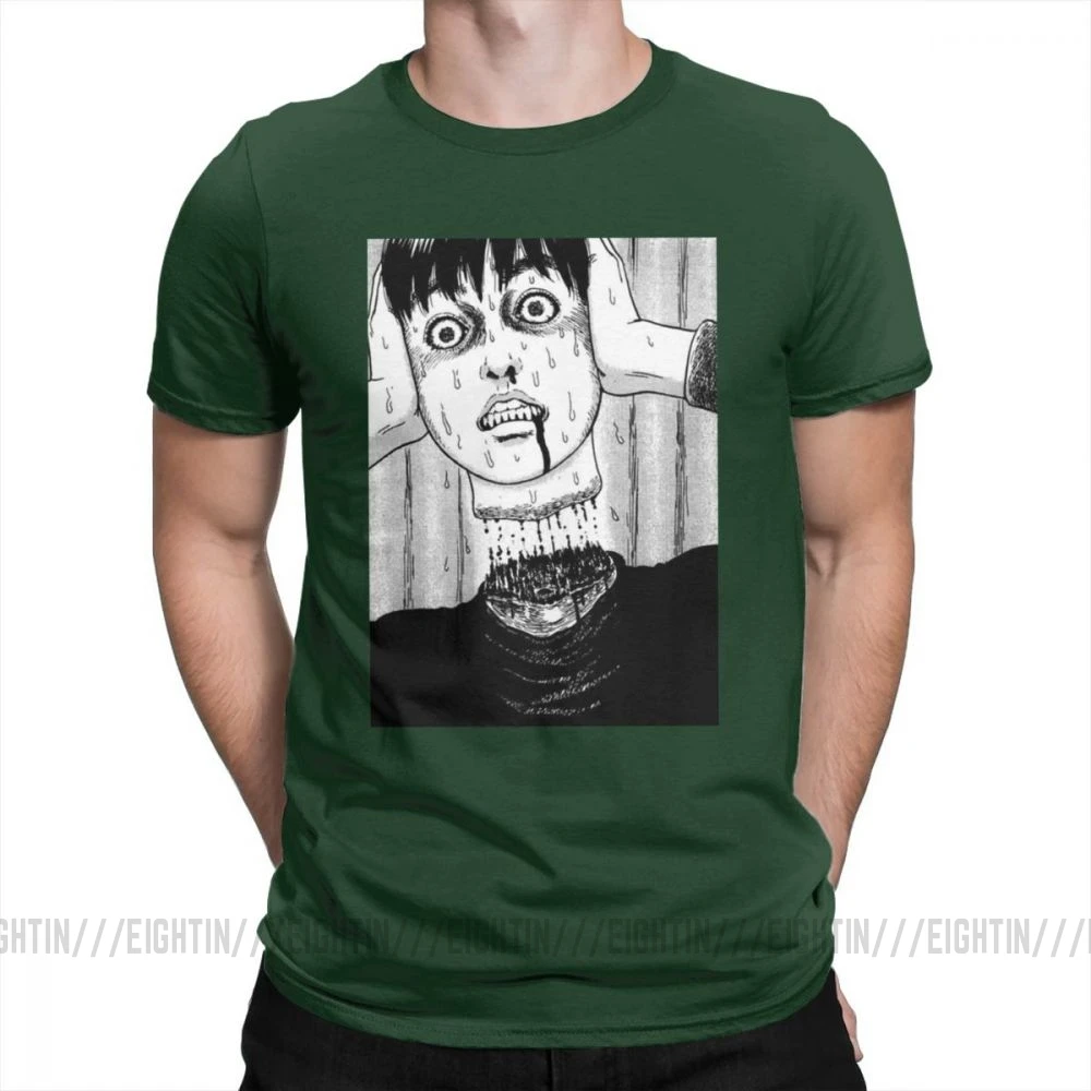 Футболка с воротником под горло HoJunji Ito для Хэллоуина; стильные мужские футболки с короткими рукавами и круглым вырезом; одежда из чистого хлопка; футболки с принтом - Цвет: Forest Green