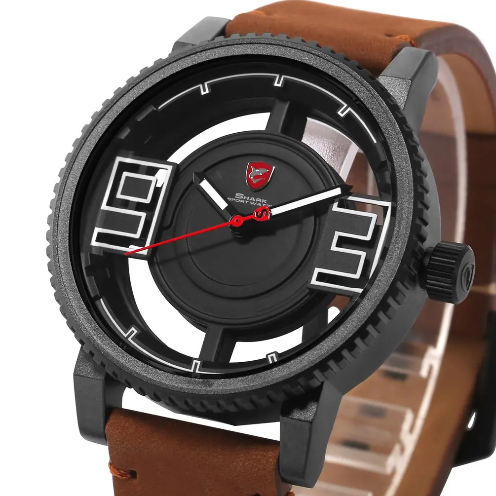 Brown SH543 Megamouth акула спортивные часы 3D Специальный прозрачный полые циферблат дизайн роскошный коричневый кожаный ремешок Для мужчин Креативные часы подарок/SH543 - Цвет: Brown SH543