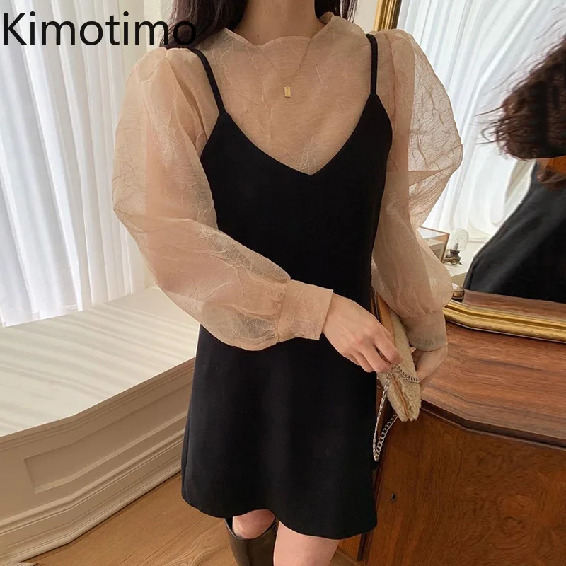 

Платье Kimotimo женское с V-образным вырезом, шикарное ТРАПЕЦИЕВИДНОЕ мини-платье на бретелях-спагетти, универсальная одежда в Корейском стиле, ...