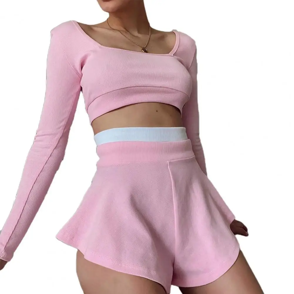 

2020 Gray Two Piece Set O Neck long Sleeve Crop Top White And Shorts Biker Casual Women Set Summer Sport Outfit Ribber