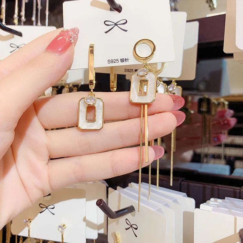 

Asymmetric Post Earrings Shell Frame Metal Tassel 14K Real Gold Stud Earrings for Women Cubic Zircon ZC Earrings