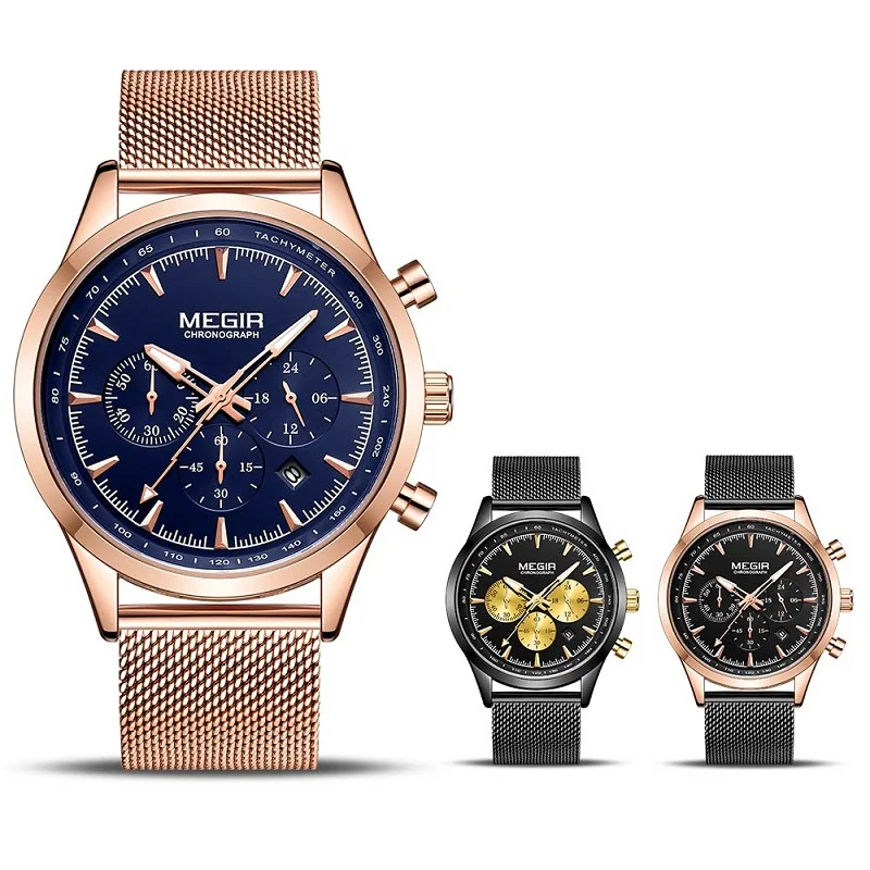 

2021 MEGIR New Mens Watches Business Stainless Steel Strap Waterproof Quartz Watch Men Chronograph Luxury Sport Male Wristwatch
