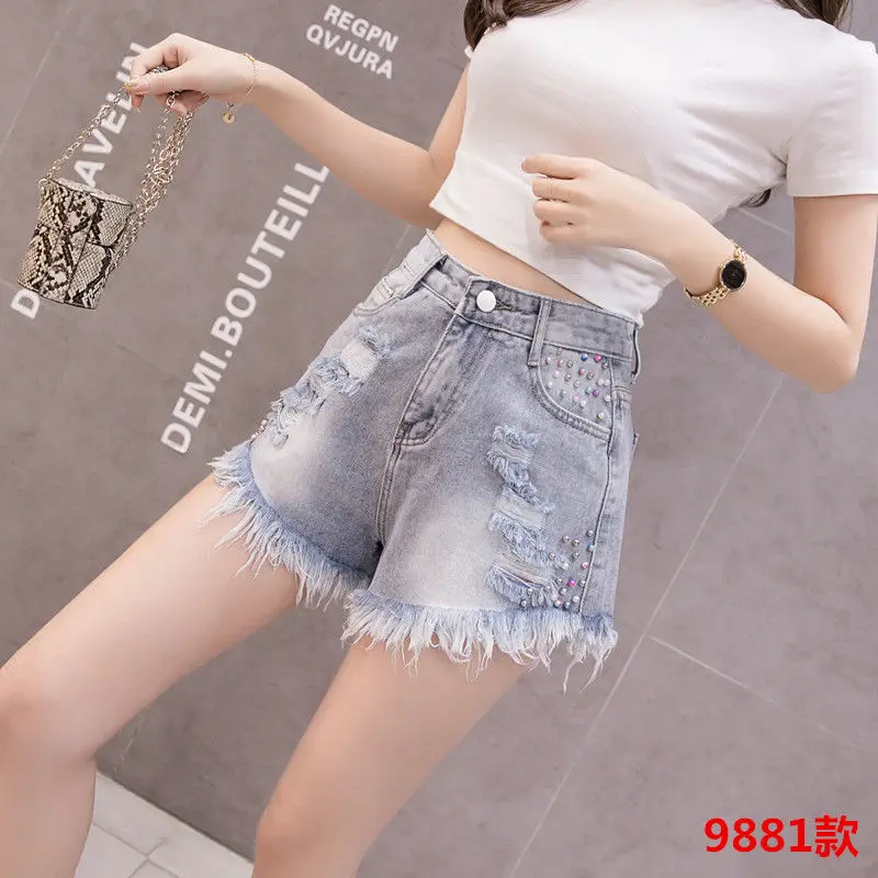 

Fashion Shorts Women's Summer New Style Slim Broad Leg Freyed Edge Rivet Beads Washed Hole Lady Girls Denim Hot Shorts Femanie
