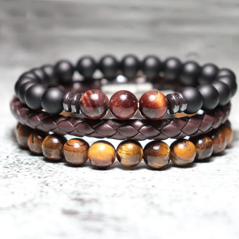Trendy 3pcs/pair Mens Bracelet Natural Volcanic Stone Braslet Handmade Weaving Leather Brazalete Male Accessories Moda Hombre | Украшения и