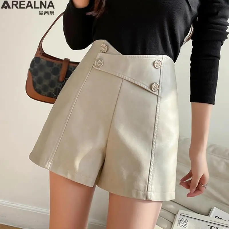 

black leather shorts women Korean Fashion Buttons Wide Leg Pu Shorts Women 2022 Autumn Winter Casual High Waist shorts feminino