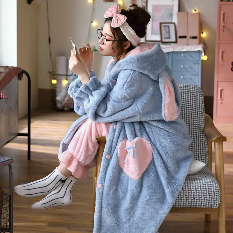 Autumn and Winter Robe Female Thickened Models Coral Fleece Pajamas Female Suit Home Wear Plus Velvet Facecloth Warm Sleepwear