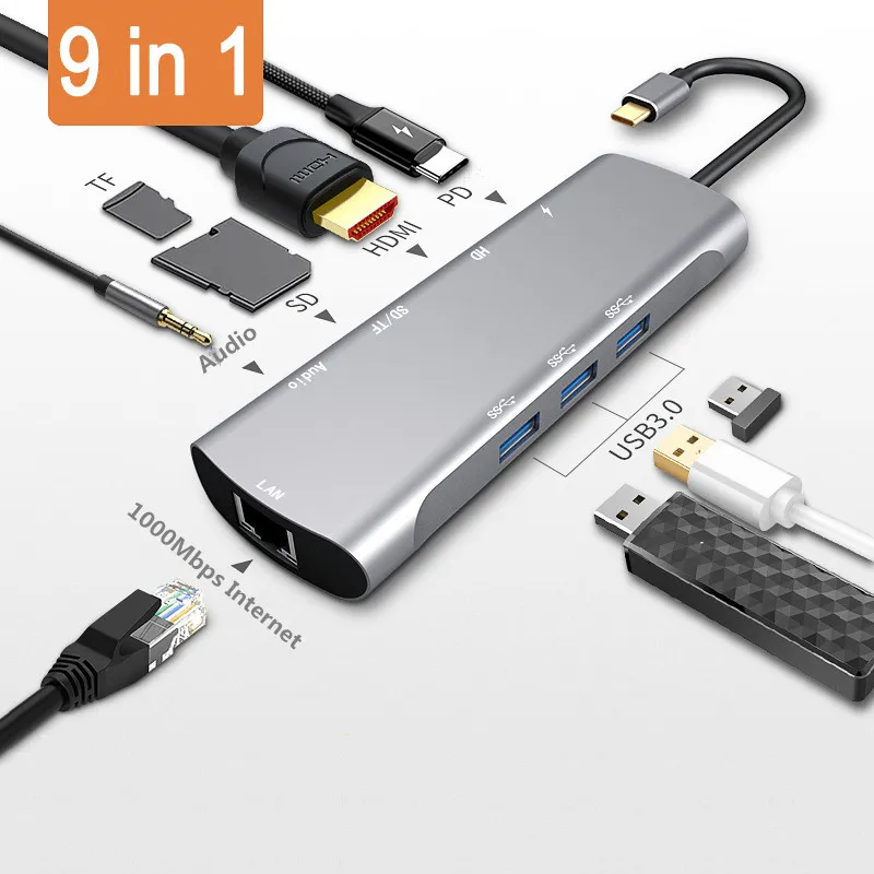 9 in 1 Тип c к hdmi концентратор адаптер типа c к vga RJ45 3,5 мм, AUX, разъем с SD TF PD jack usb3.0 концентратор адаптер для MacBook pro Xiaomi - Цвет: 9 in 1