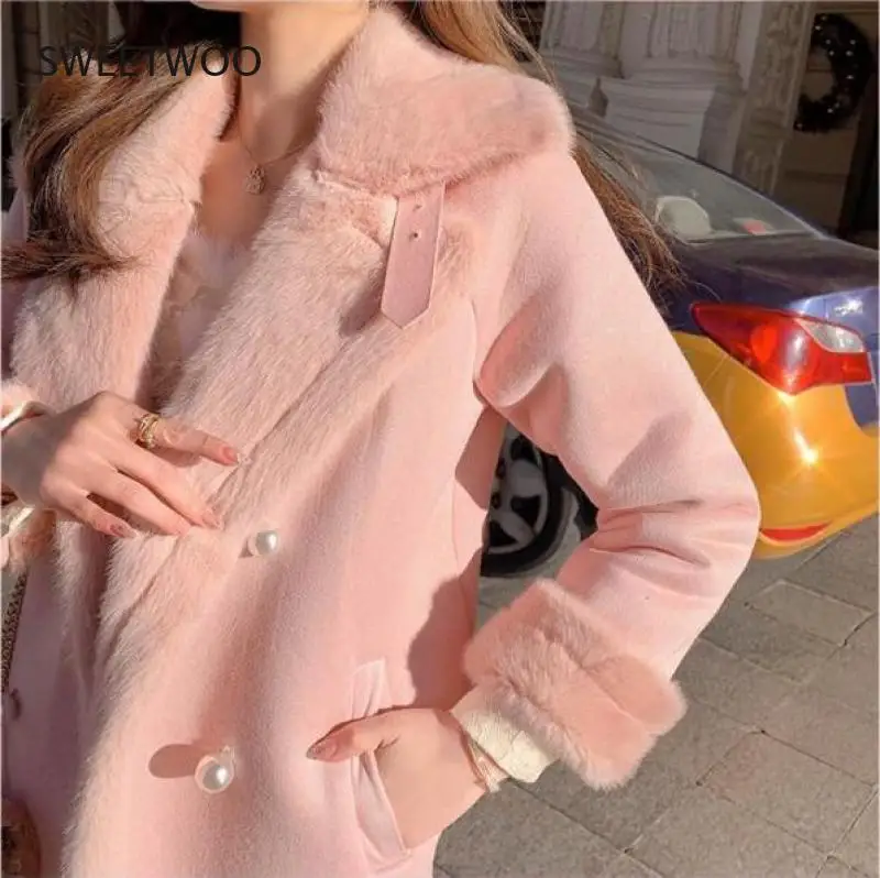 2021 Women Winter Thick Warm Elegant Pink Faux Fur Coats Female Turn Down Collar Fariy Wool Coats Lady Botton Outerwear