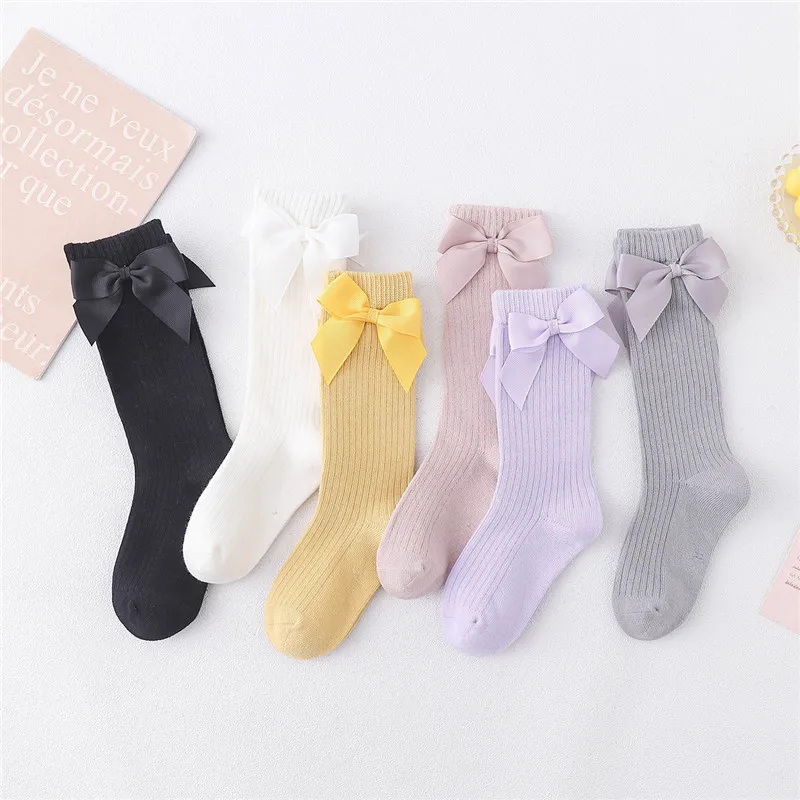 Solid Children Socks With Bows Cotton Baby Girls Socks Soft Toddlers Long Socks For Kids Princess Knee High Socks for Girls 2022