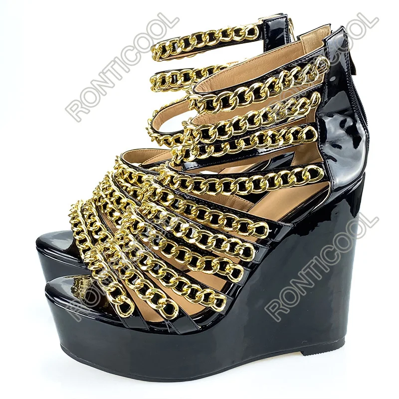 Ronticool Женские глянцевые сандалии ручной работы с золотой цепочкой на танкетке