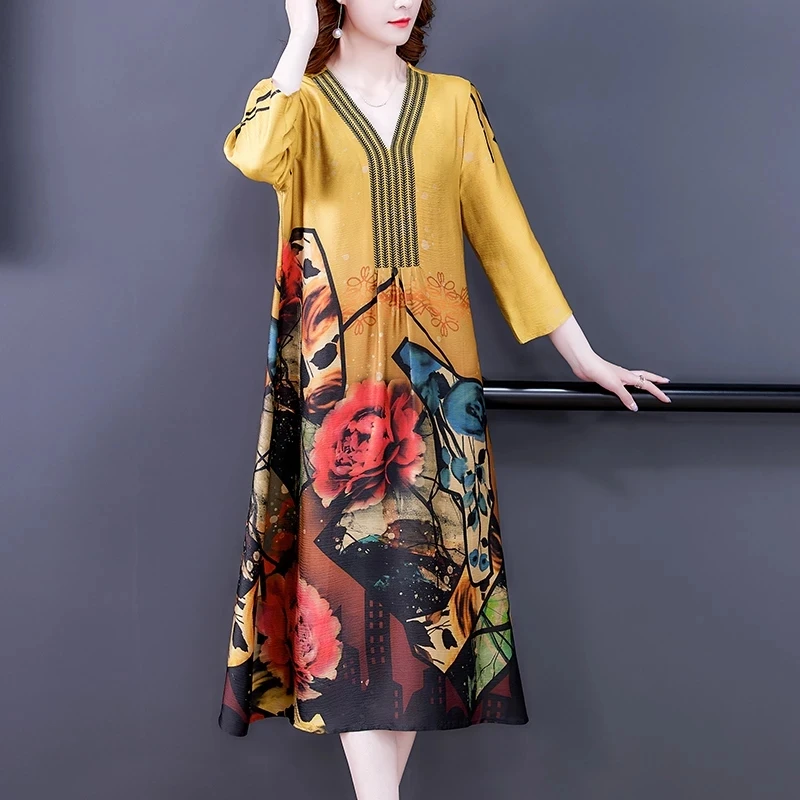 

2021 Spring Casual Floral Mulberry Silk Midi Dress Autumn Loose M- 4XL Plus Size Long Sleeve Dress Women Elegant Vestidos