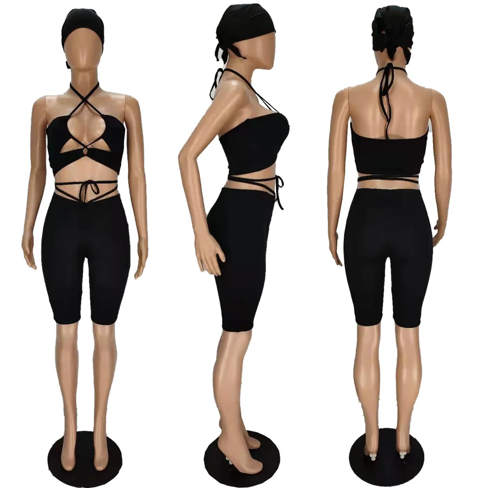 

Women Short Sets Sexy Sling Drawstring Strap Sexy Suit with Headscarf