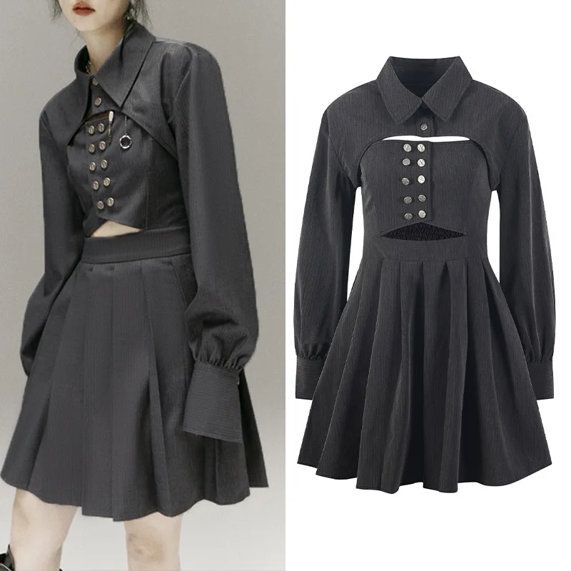 

Fashion Pleated Dresses Women Mini Dress Sexy Front Hole Buttons Casual Streetwear Club Party Robes Vestidos Japanese Korean ins