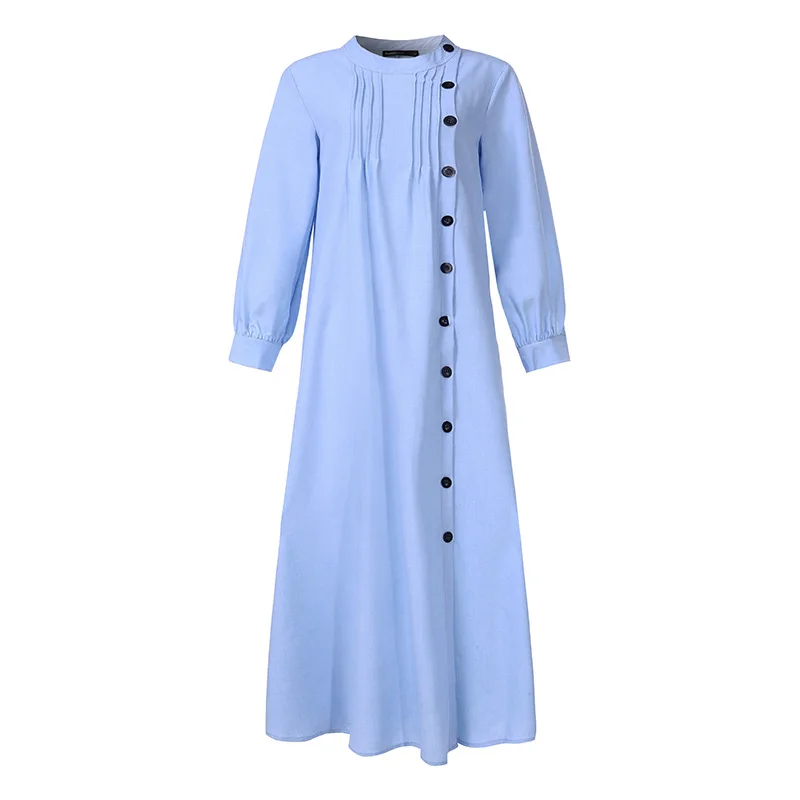 Винтажное льняное платье, женская мода, длинная рубашка, vestidos robe cellumia, осень, рукав-фонарик, женское повседневное свободное платье на пуговицах, 7 - Цвет: Синий