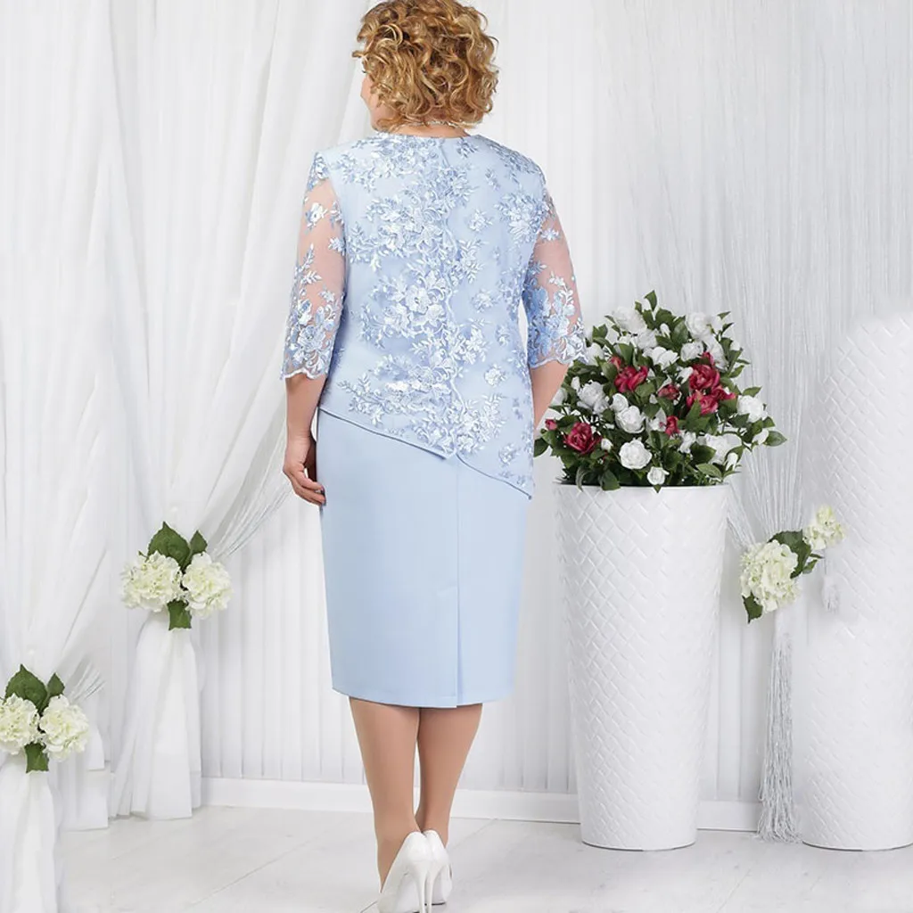 Плюс размер элегантное платье женское кружевное с коротким рукавом средней