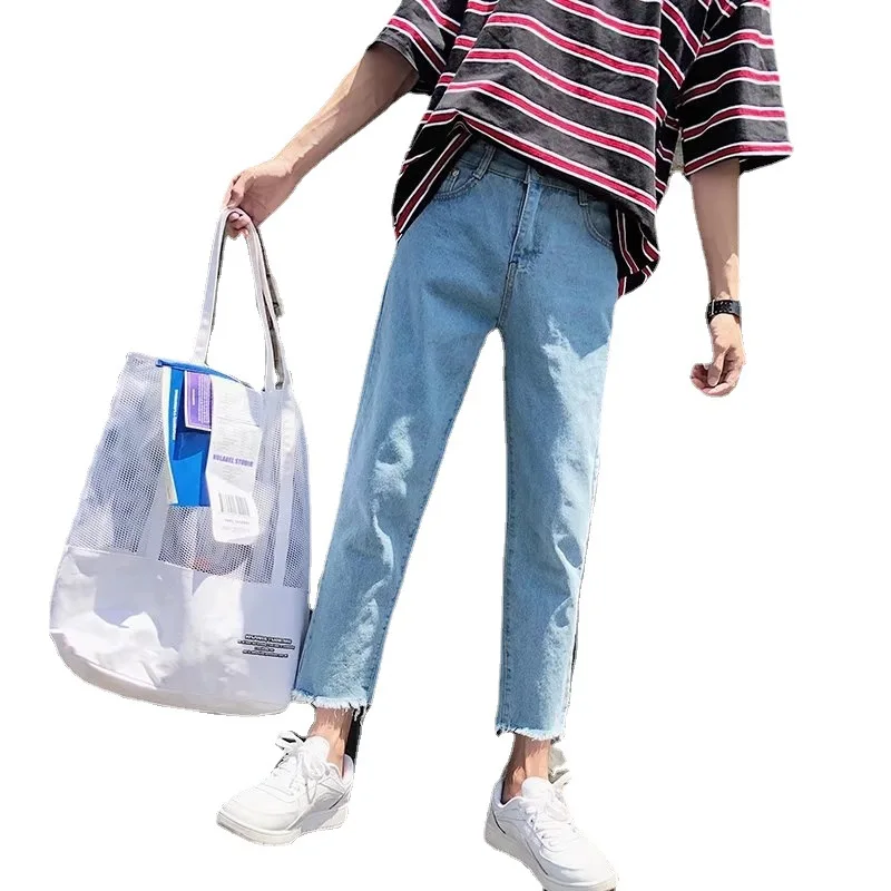 

Jeans Men's Fashion Brand Burr Cropped Trousers Korean Style Trendy Teen Loose Straight Ankle-Tied Pants