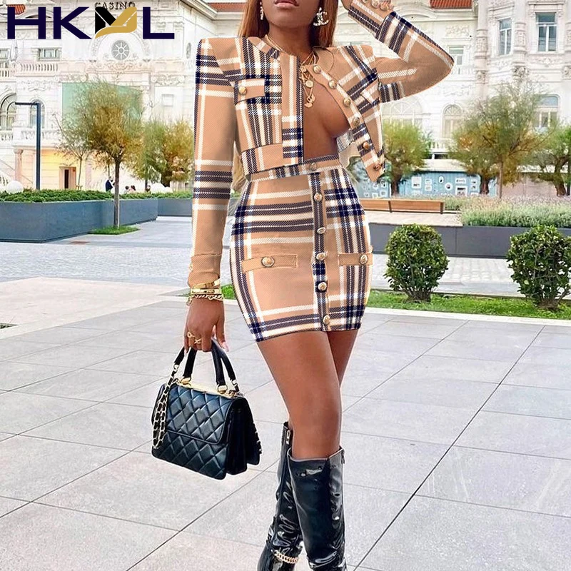 

Houndstooth Print Patchwork Women Skirt Set Metal Button Coat + A-Line Skirts Autumn Loose Lady Suit 2021 Spring Autumn