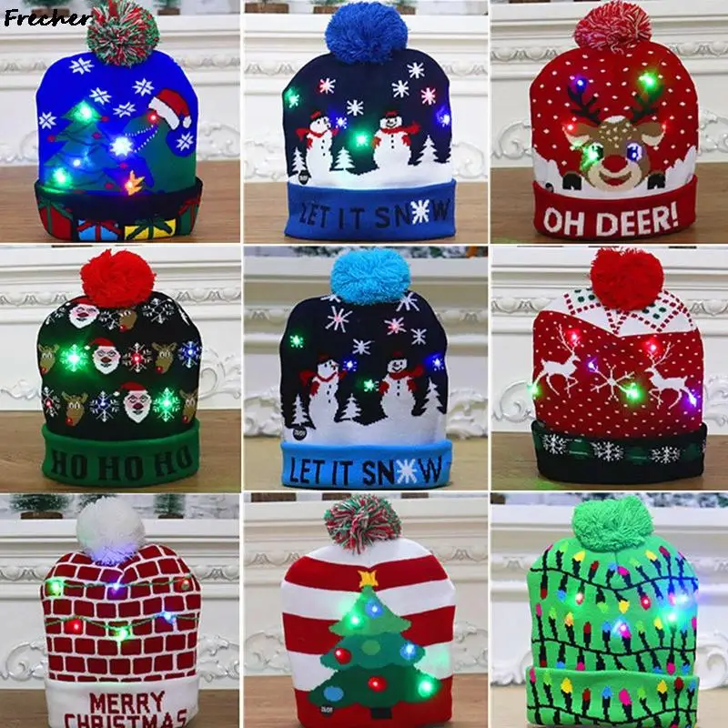 

Christmas Hats Sweater Santa Elk Knitted Beanie Hat With LED Light Up Cartoon Patteren Christmas Gift For Kids New Year Supplies